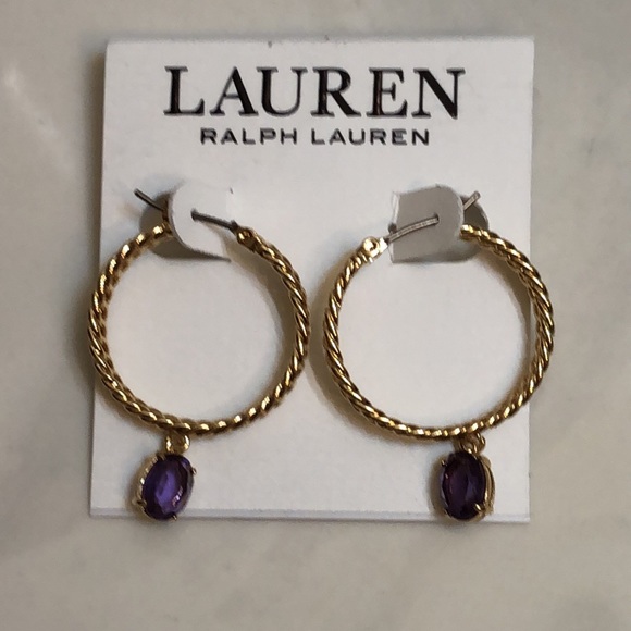 Lauren Ralph Lauren Gold Tone Chain Link Hoop Earrings Purple Crystal Charm NWT - Picture 2 of 12